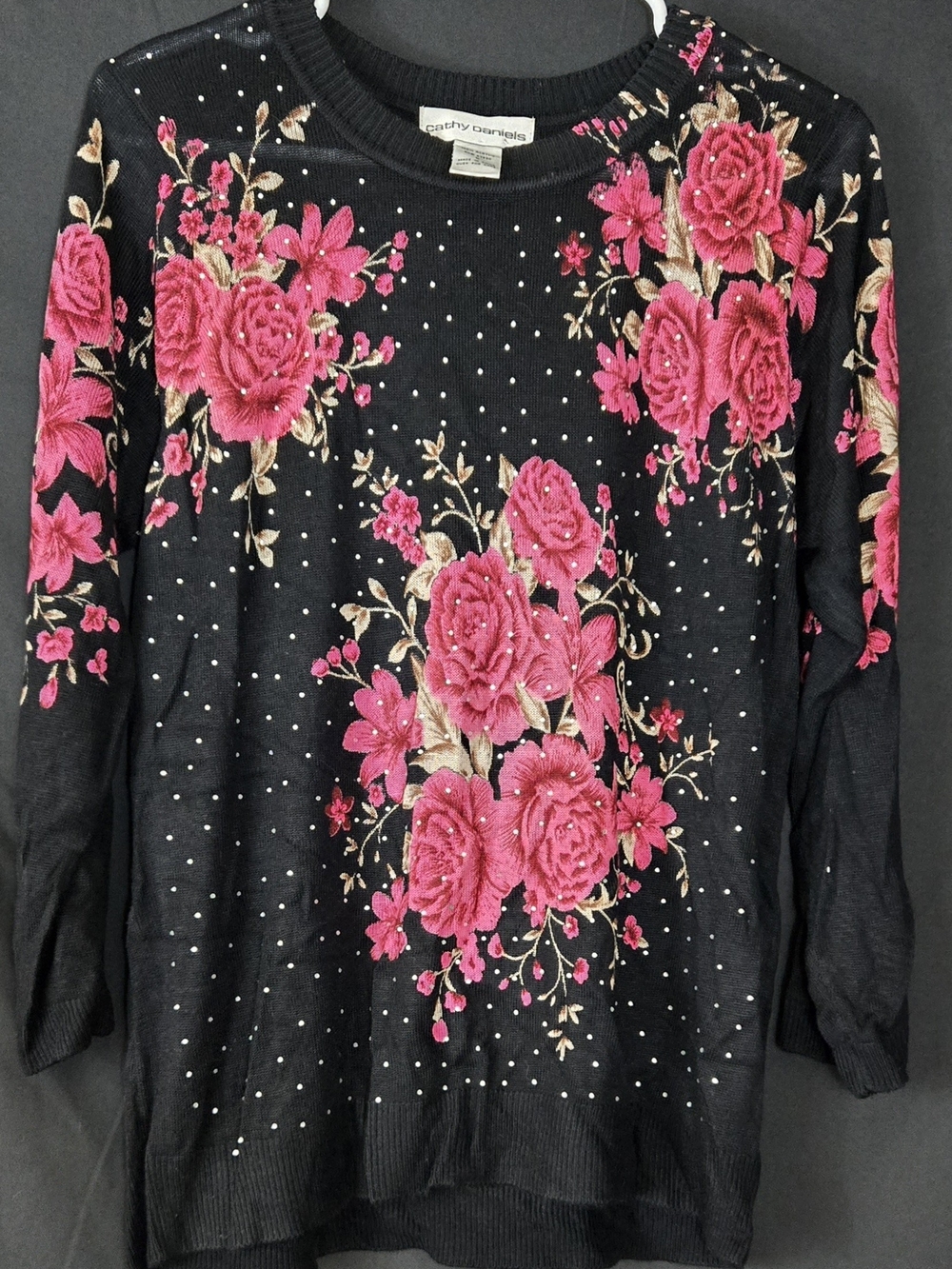 Cathy Daniels Black Sweater with Pink Floral Embroidery